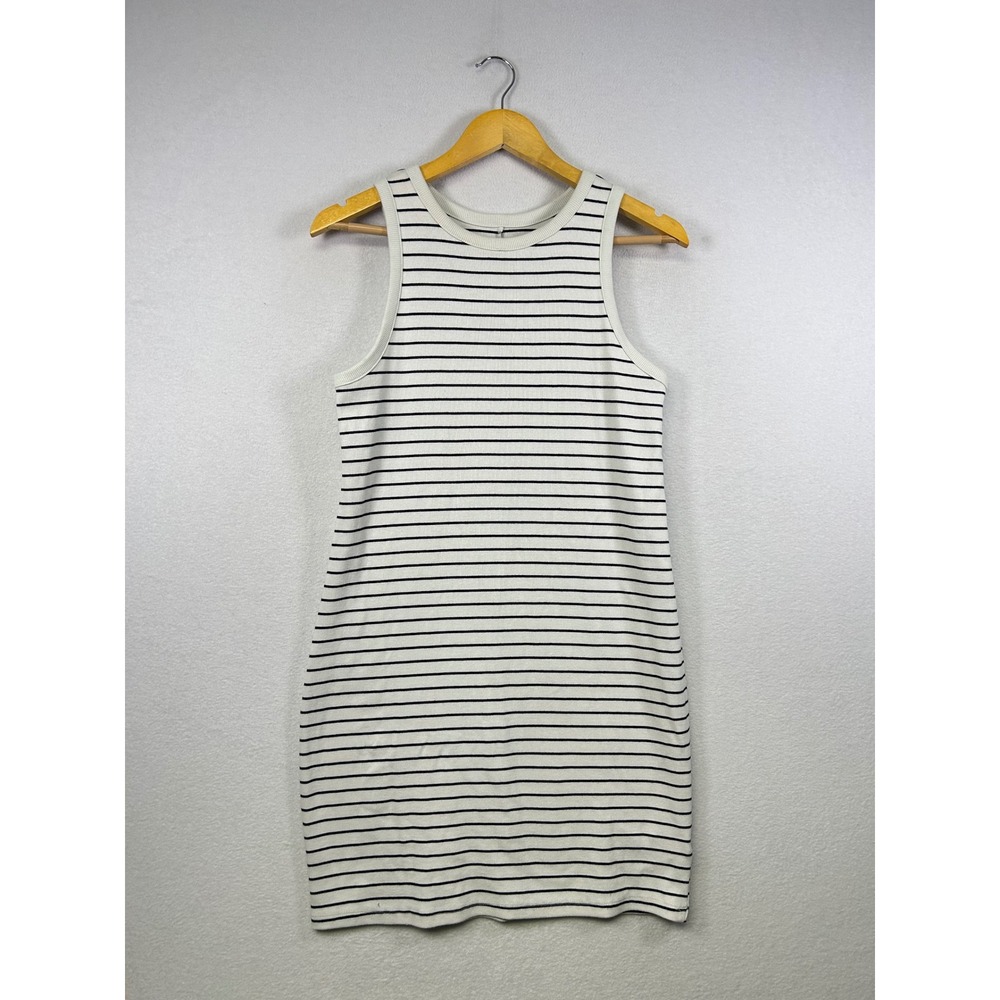 A New Day Striped Sleeveless Tank Dress White‎ Black Ribbed Knit Casual Mini